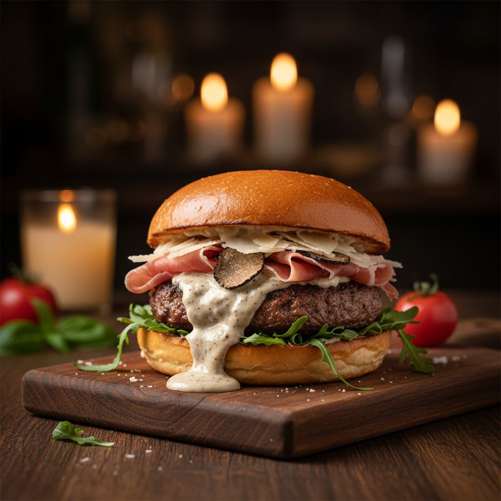 Hamburger Sole d'Italia en coupe : bœuf Angus, crème de truffe, jambon de Parme, parmesan et roquette