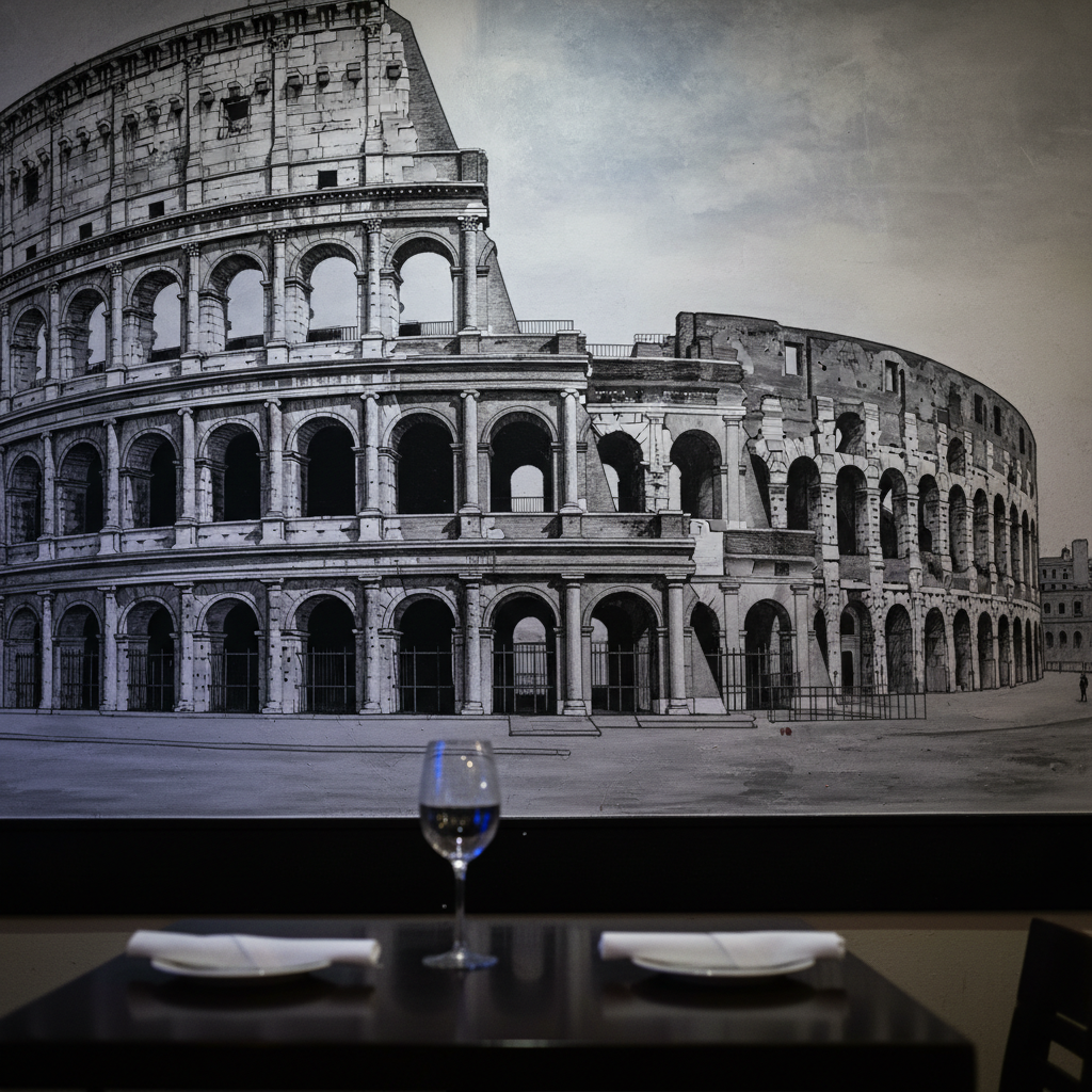 Fresque murale noir et blanc du Colisée, une table dressée au premier plan