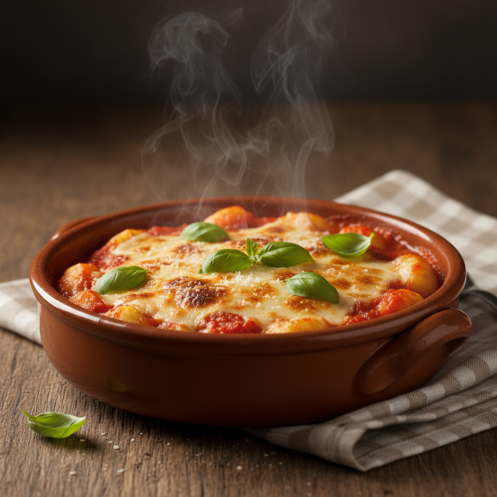 Gnocchis maison alla parmigiana gratinés à la mozzarella et au basilic