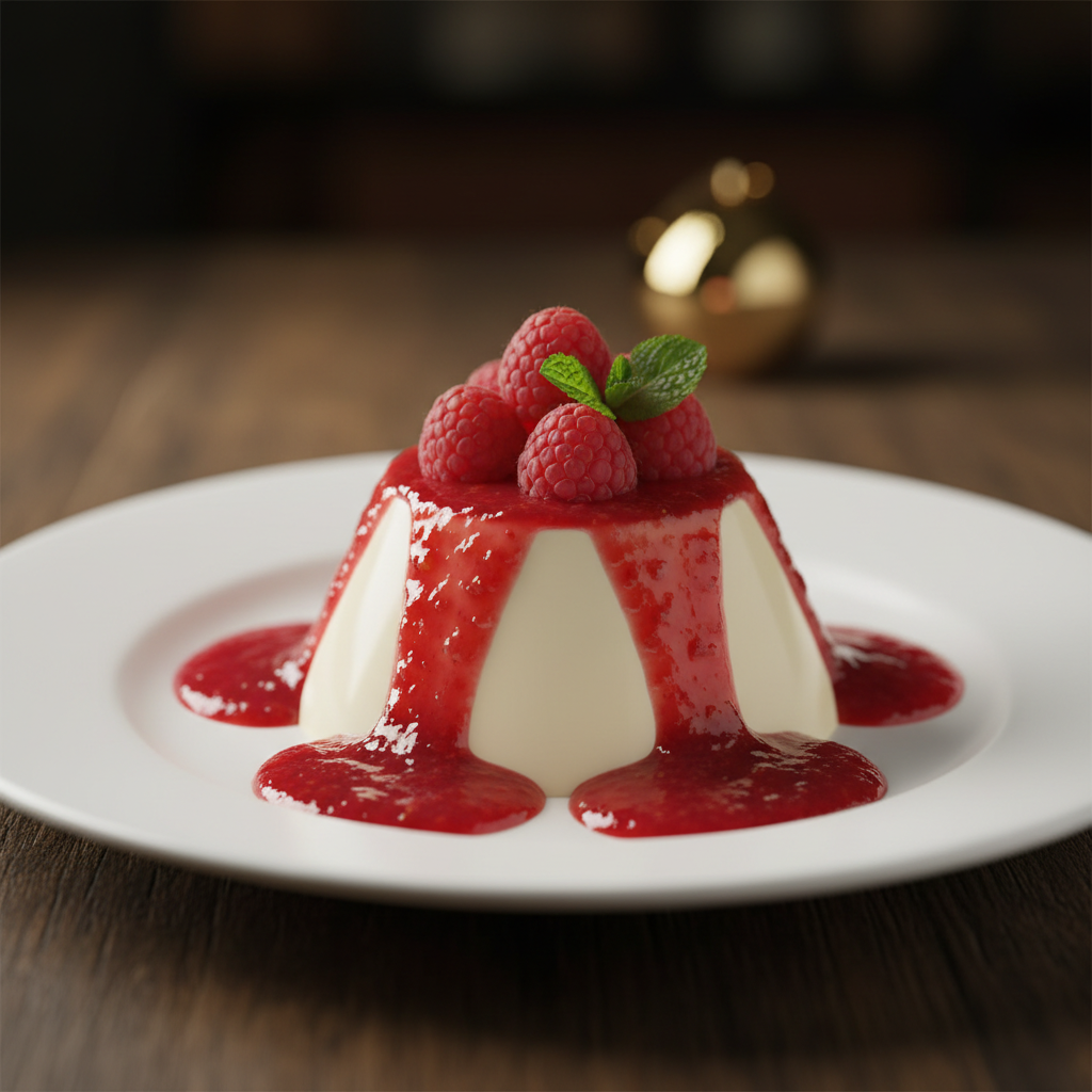Panna cotta maison nappée d'un coulis de framboises
