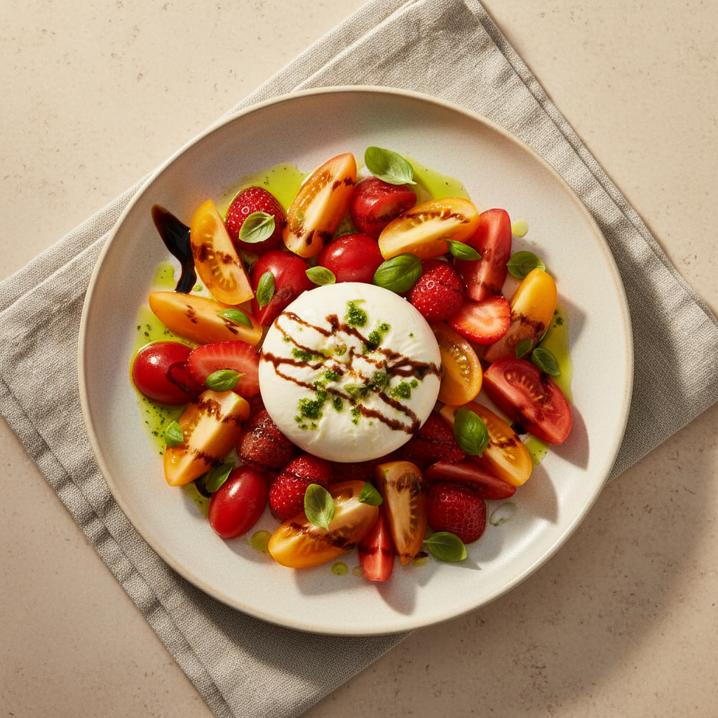 Salade de tomates, burrata et fraises, crème balsamique et huile au basilic, vue de dessus