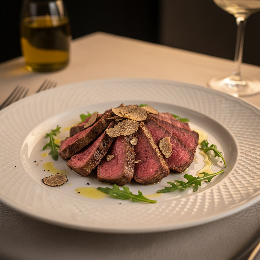 Tagliata d'entrecôte tranchée, cœur rosé, avec lamelles de truffe