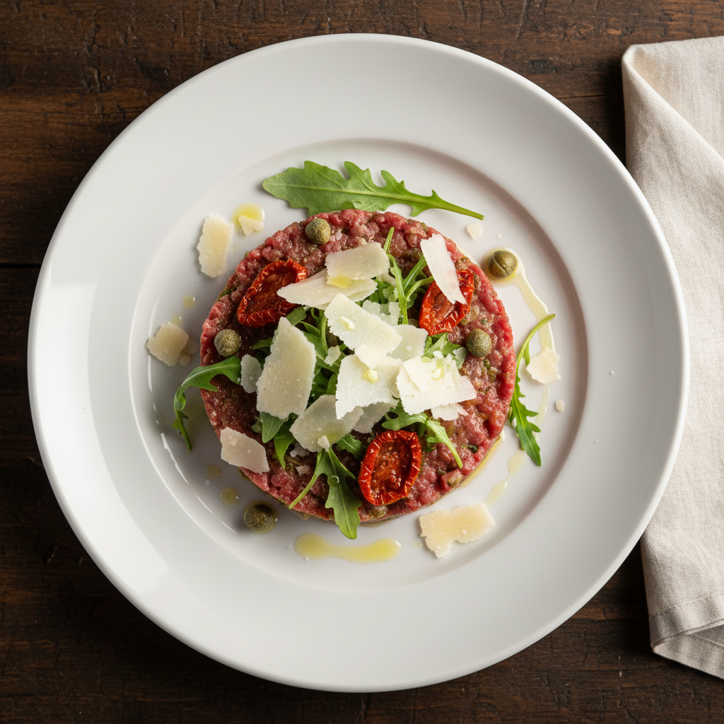 Tartare de bœuf à l'italienne vu de dessus, parmesan, roquette, tomates séchées et câpres