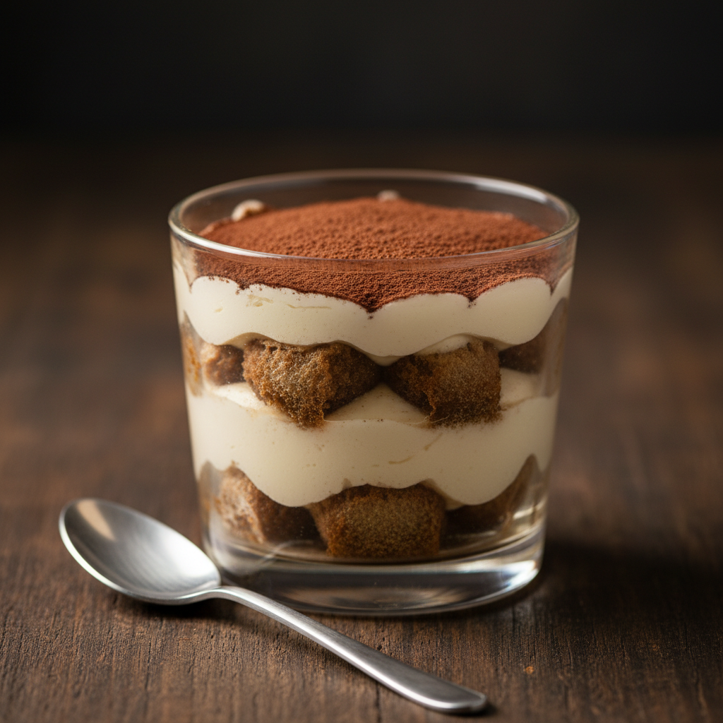 Part de tiramisu maison saupoudrée de cacao, couches de biscuit au café et de mascarpone